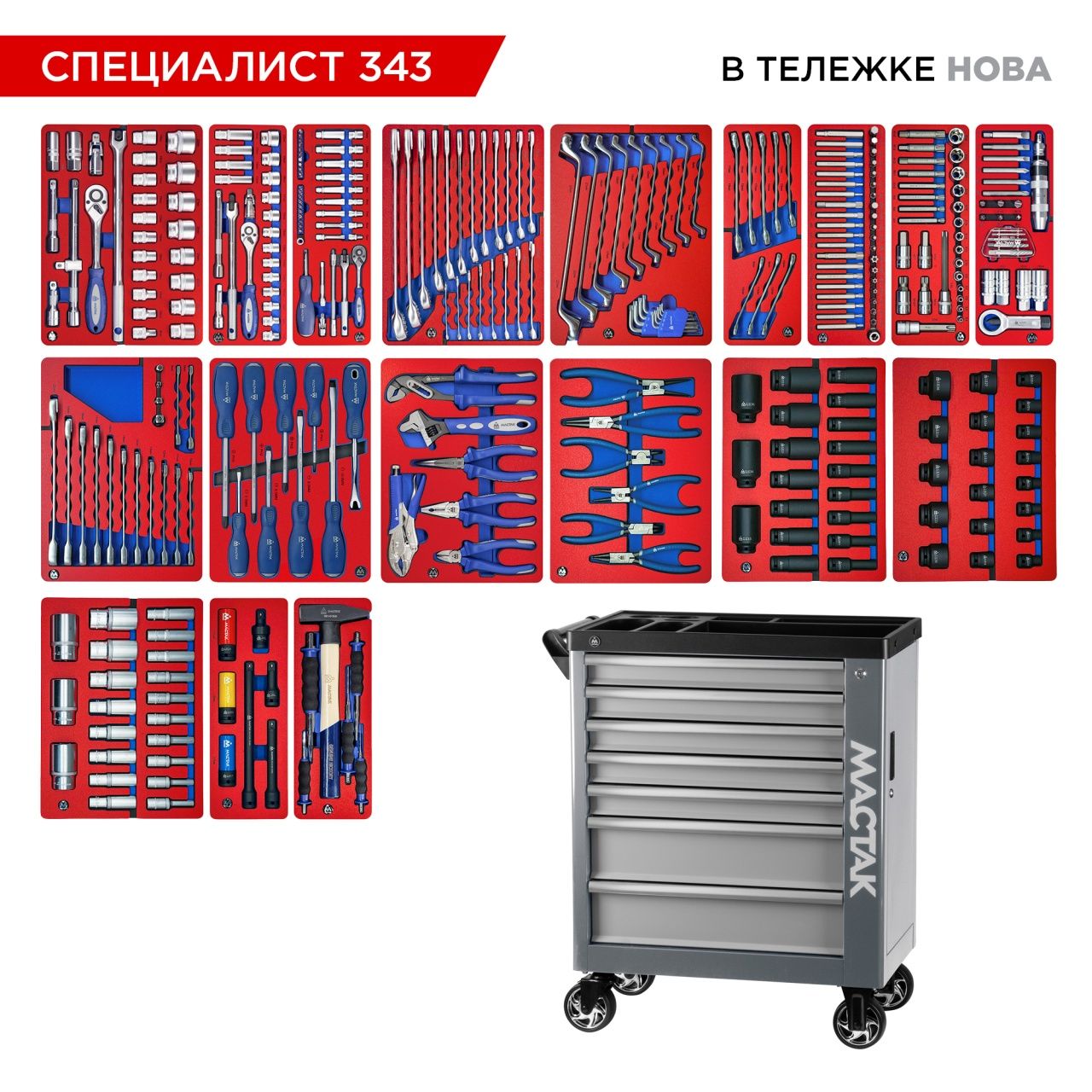 Набор инструментов 343 предмета, "СПЕЦИАЛИСТ 343", в серой тележке МАСТАК 50-07343G
