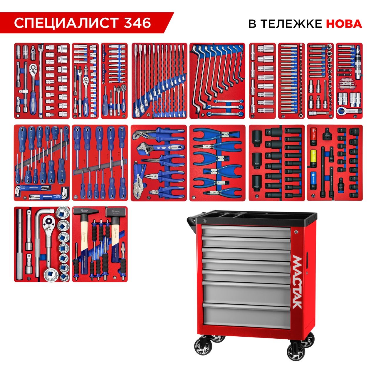 Набор инструментов 346 предметов, "СПЕЦИАЛИСТ 346", в красной тележке МАСТАК 50-07346R