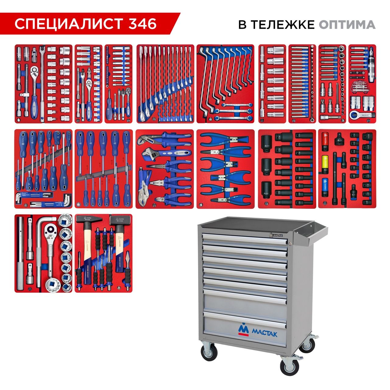 Набор инструментов 346 предметов, "СПЕЦИАЛИСТ 346", в серой тележке МАСТАК 52-07346G