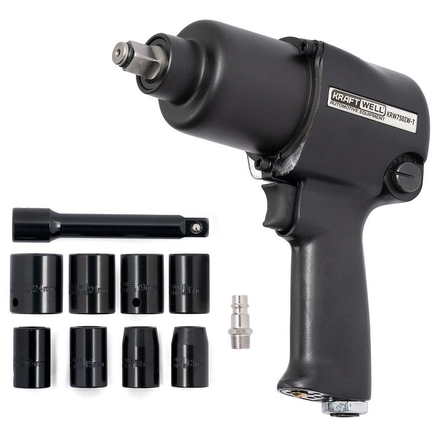 KraftWell KRW750IW-T Гайковерт пневматический 1/2", 780 Нм с комплектом ударных головок