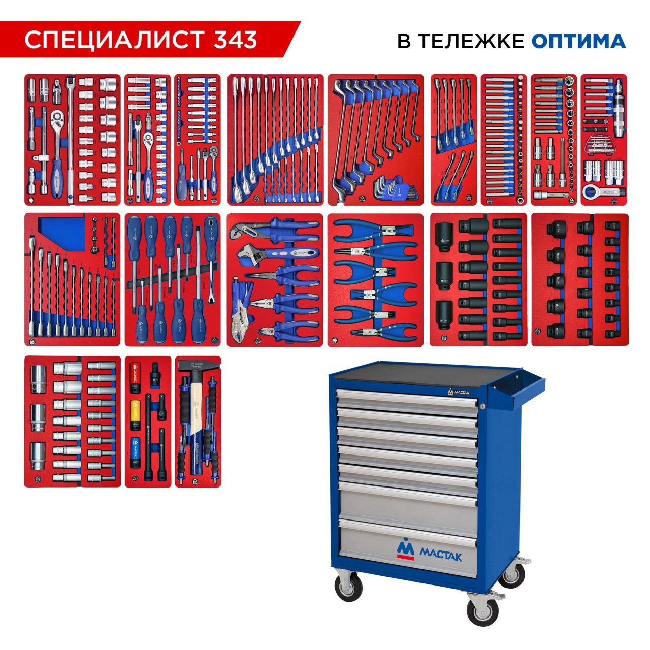 Набор инструментов 343 предмета, "СПЕЦИАЛИСТ 343", в синей тележке МАСТАК 52-07343B