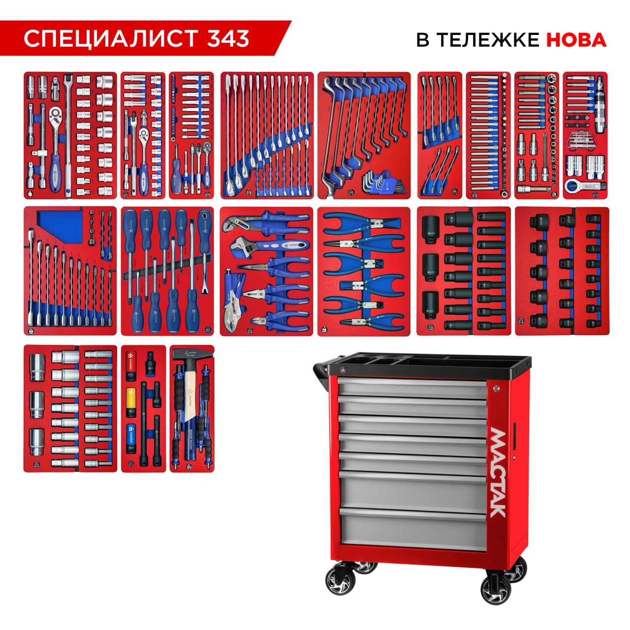 Набор инструментов 343 предмета, "СПЕЦИАЛИСТ 343", в красной тележке МАСТАК 50-07343R