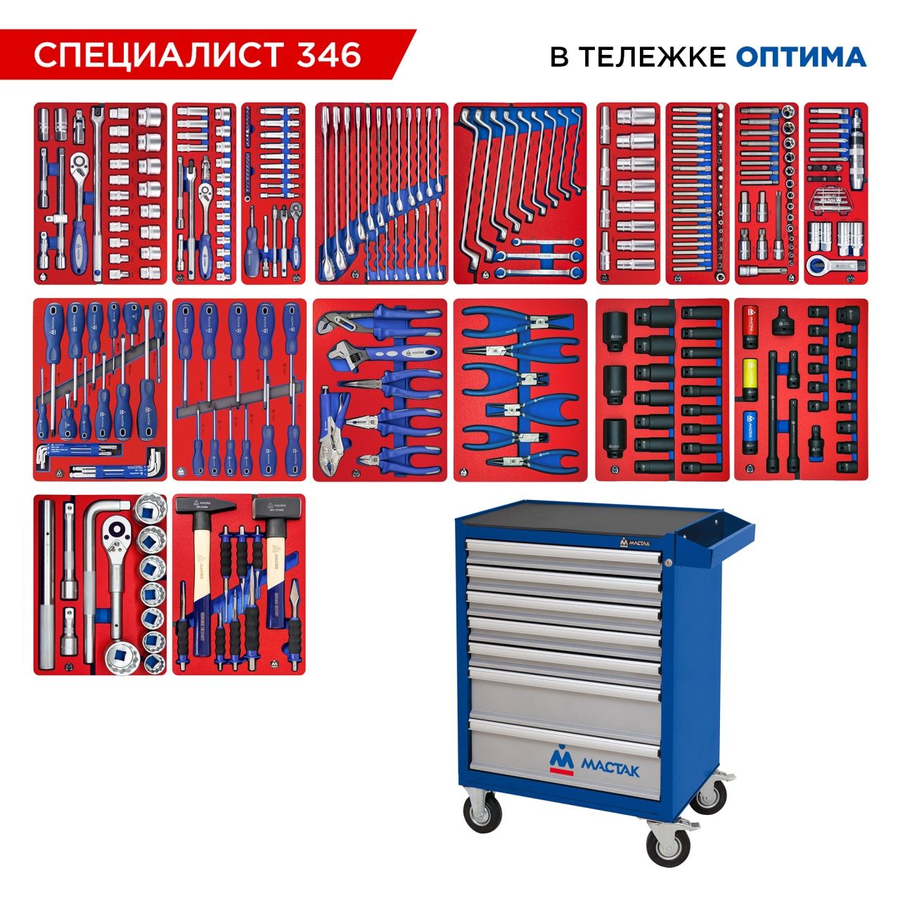 Набор инструментов 346 предметов, "СПЕЦИАЛИСТ 346", в синей тележке МАСТАК 52-07346B